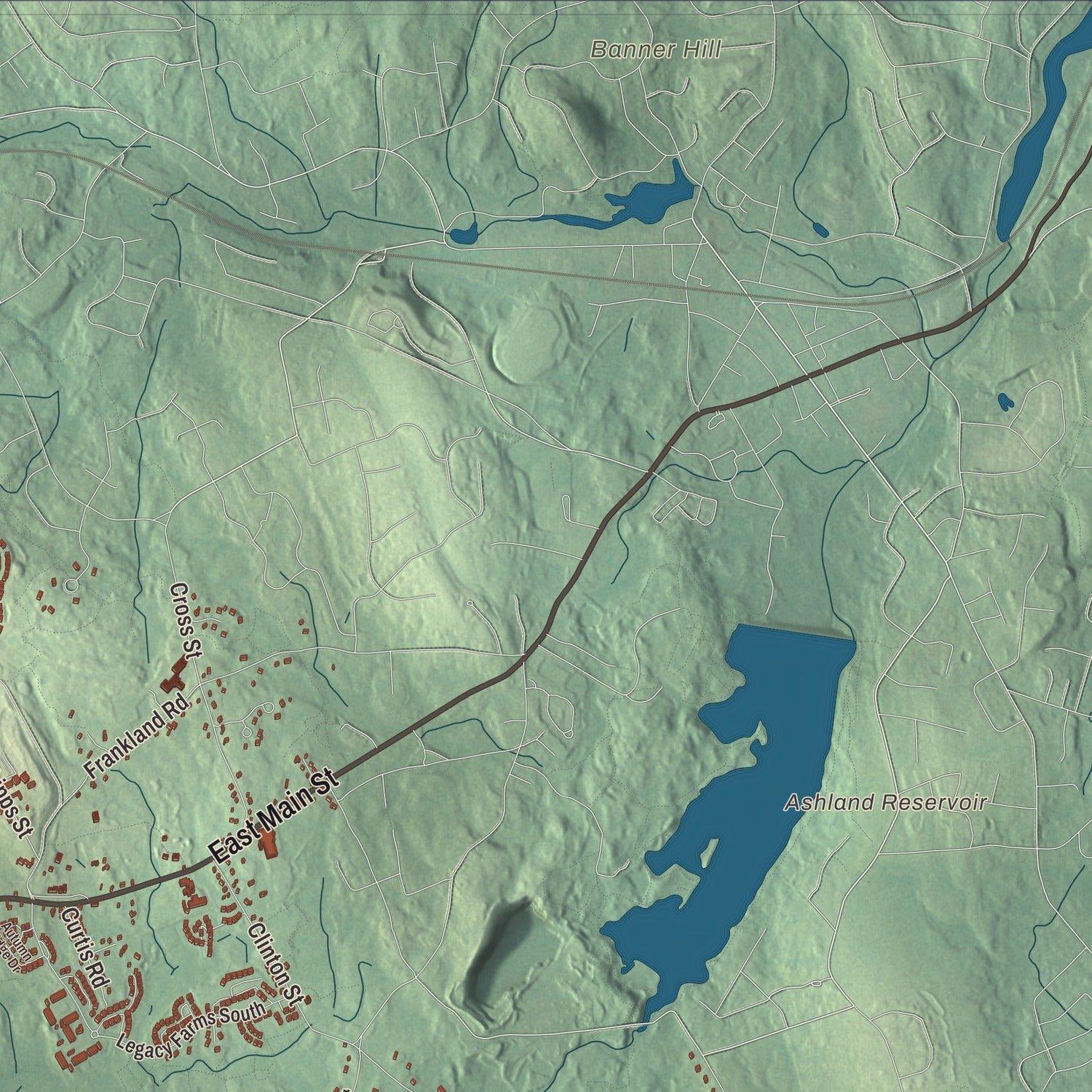 Close-up of the map of Hopkinton, Massachusetts print showing terrain and local geography