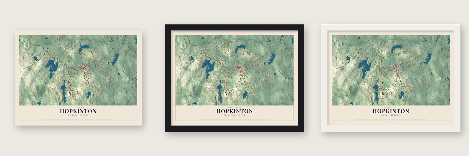 Hopkinton, Massachusetts map unframed, in a black wood frame and in a white wood frame