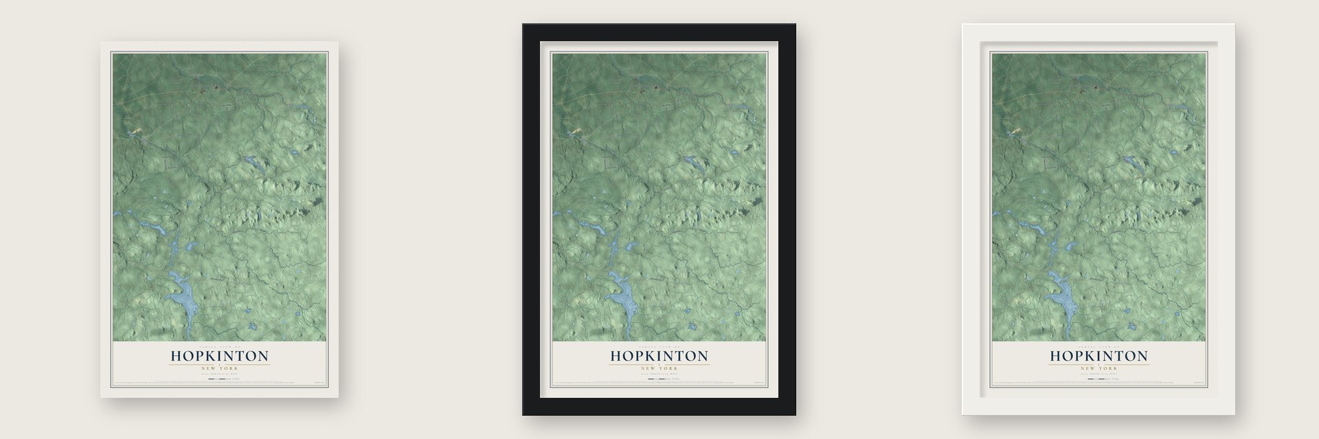 Hopkinton, New York map unframed, in a black wood frame and in a white wood frame