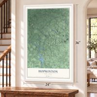 Hopkinton, New York map, 24 x 36 inch print in a white frame by a staircase