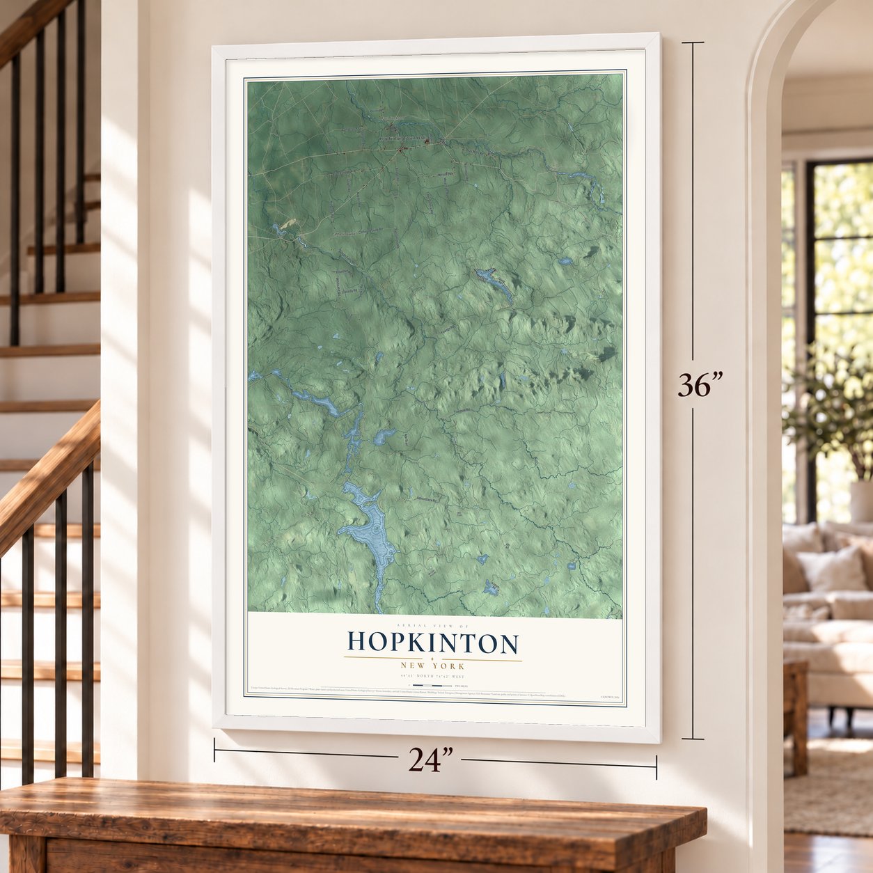 Hopkinton, New York map, 24 x 36 inch print in a white frame by a staircase