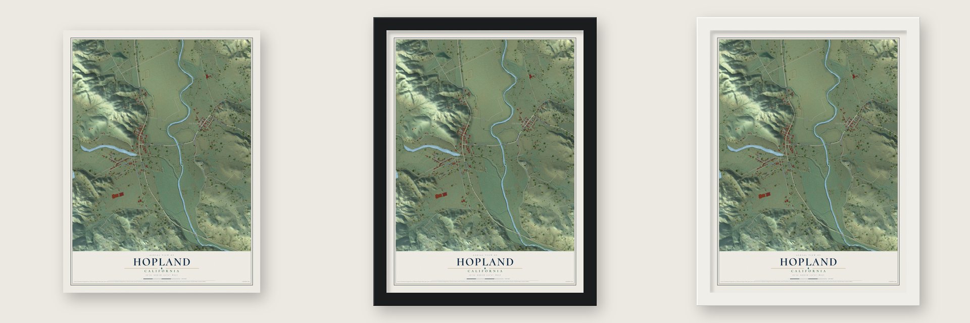 Hopland, California map unframed, in a black wood frame and in a white wood frame