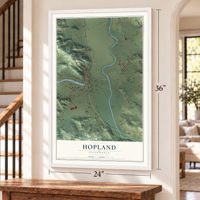 Hopland, California map, 24 x 36 inch print in a white frame by a staircase