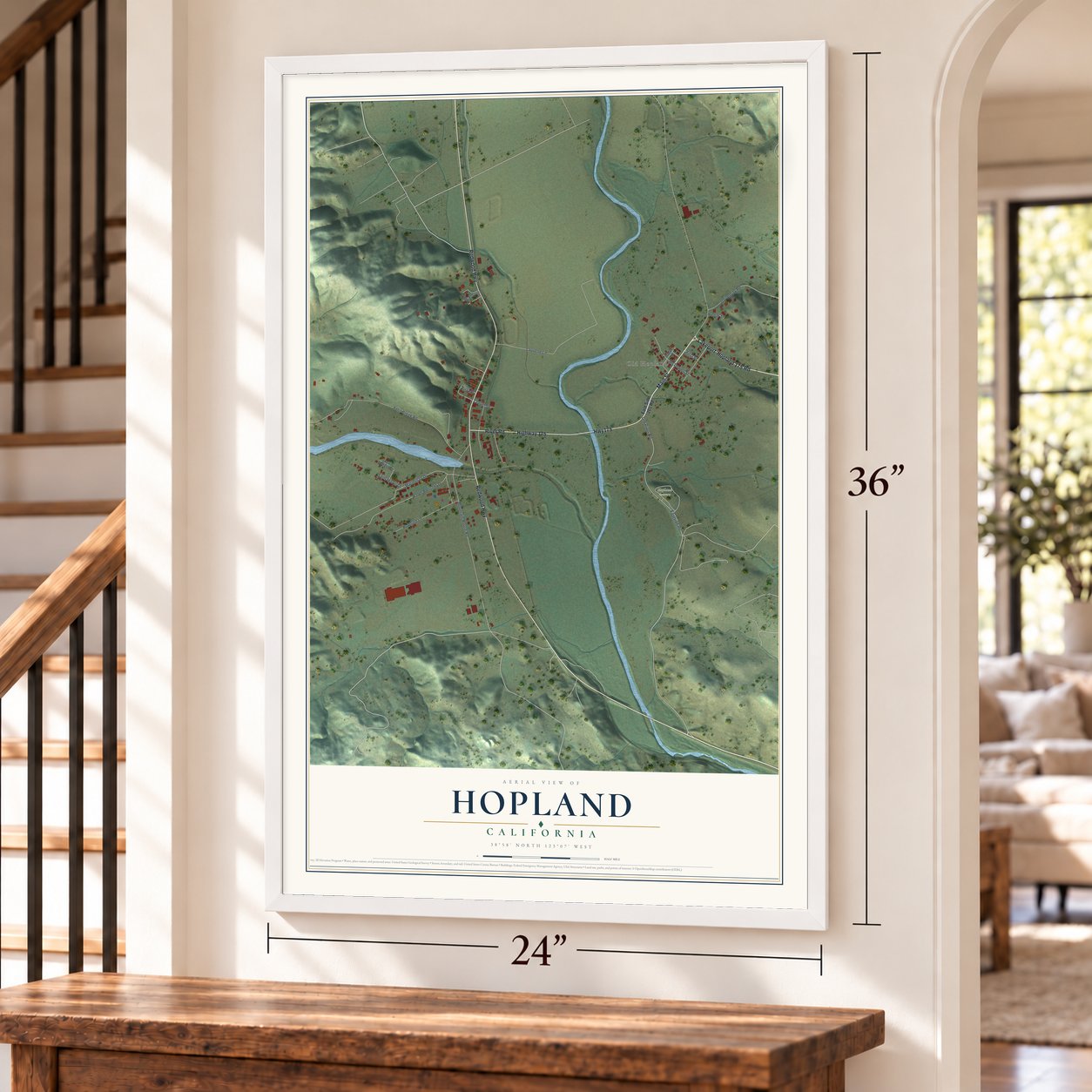 Hopland, California map, 24 x 36 inch print in a white frame by a staircase