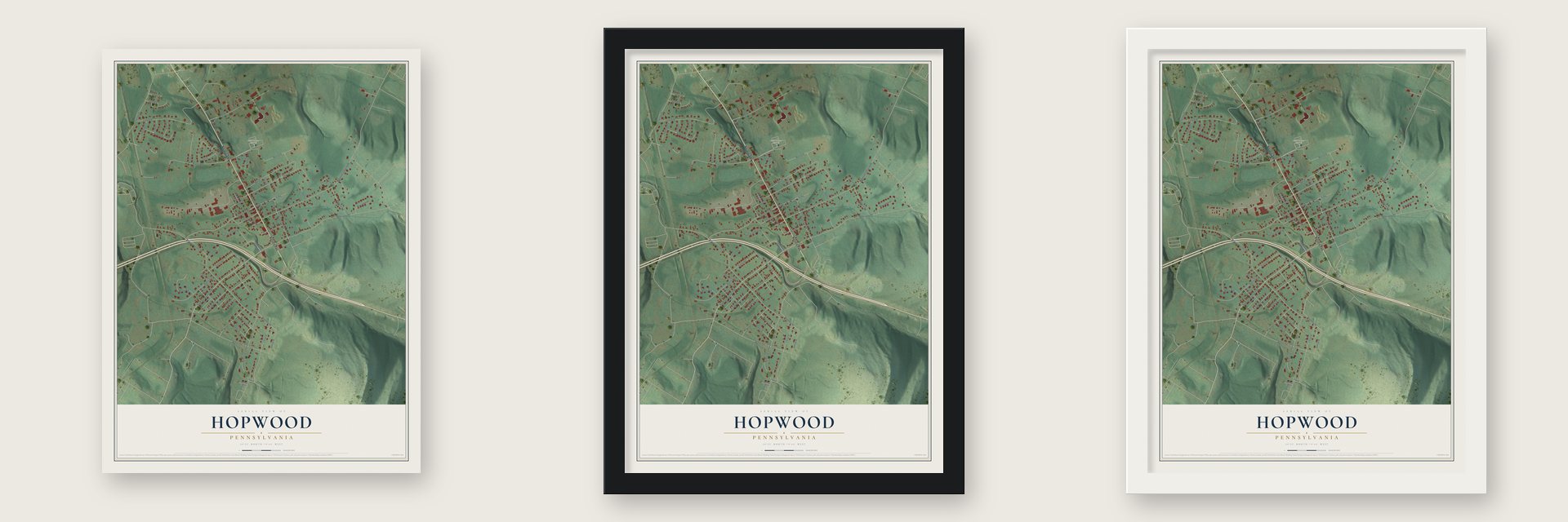 Hopwood, Pennsylvania map unframed, in a black wood frame and in a white wood frame