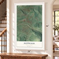 Hopwood, Pennsylvania map, 24 x 36 inch print in a white frame by a staircase