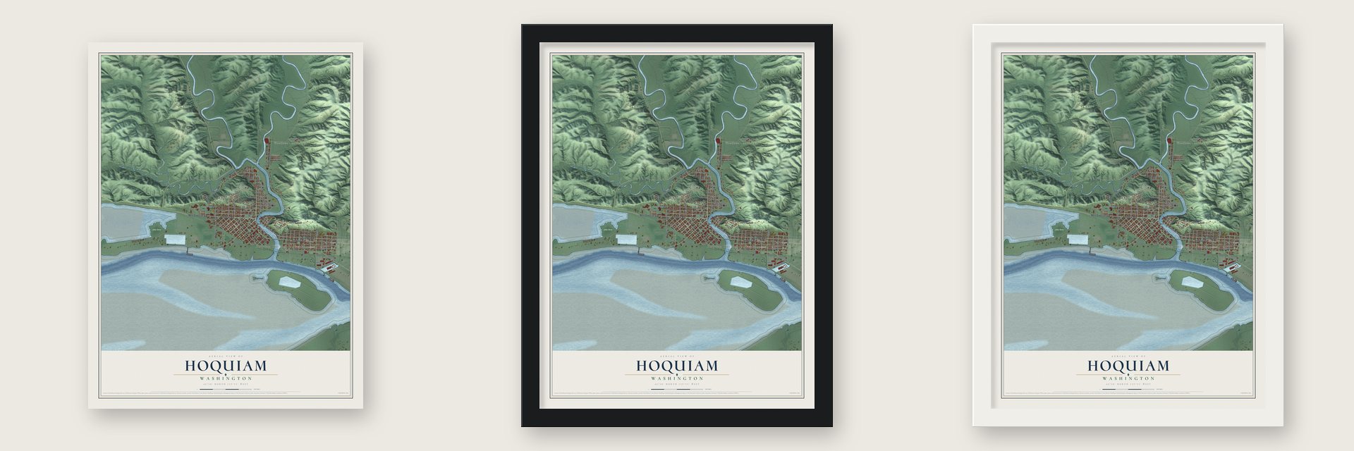 Hoquiam, Washington map unframed, in a black wood frame and in a white wood frame