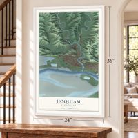 Hoquiam, Washington map, 24 x 36 inch print in a white frame by a staircase