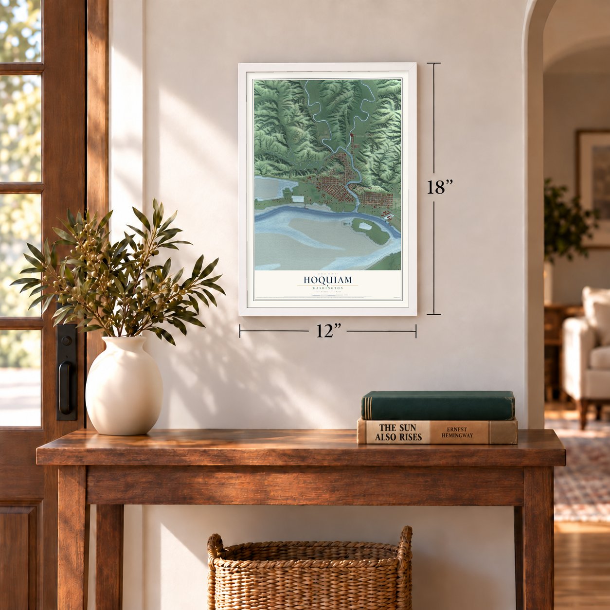 Hoquiam, Washington map, 12 x 18 inch print in a white frame in an entryway