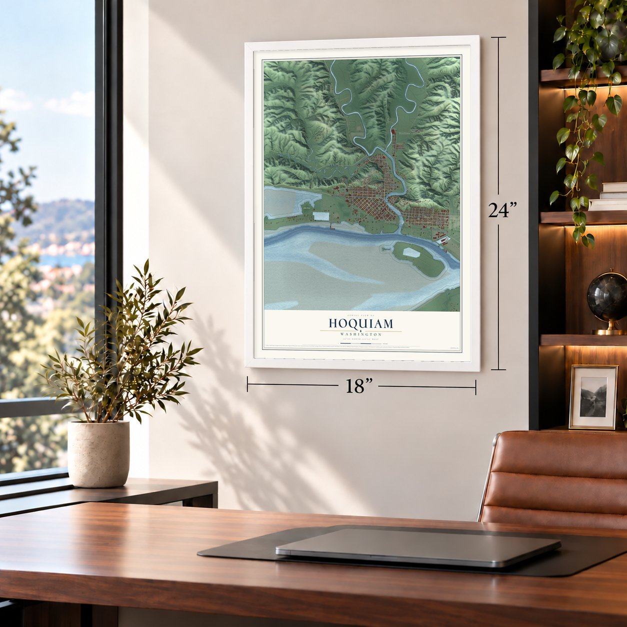Hoquiam, Washington map, 18 x 24 inch print in a white frame in a home office