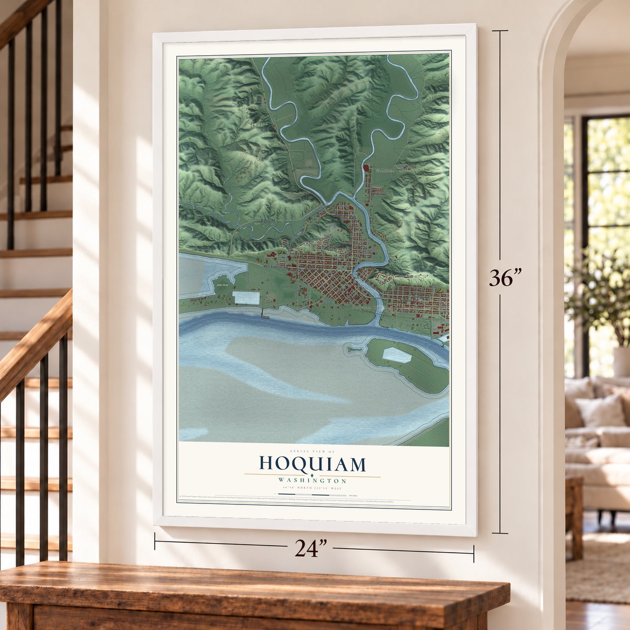 Hoquiam, Washington map, 24 x 36 inch print in a white frame by a staircase
