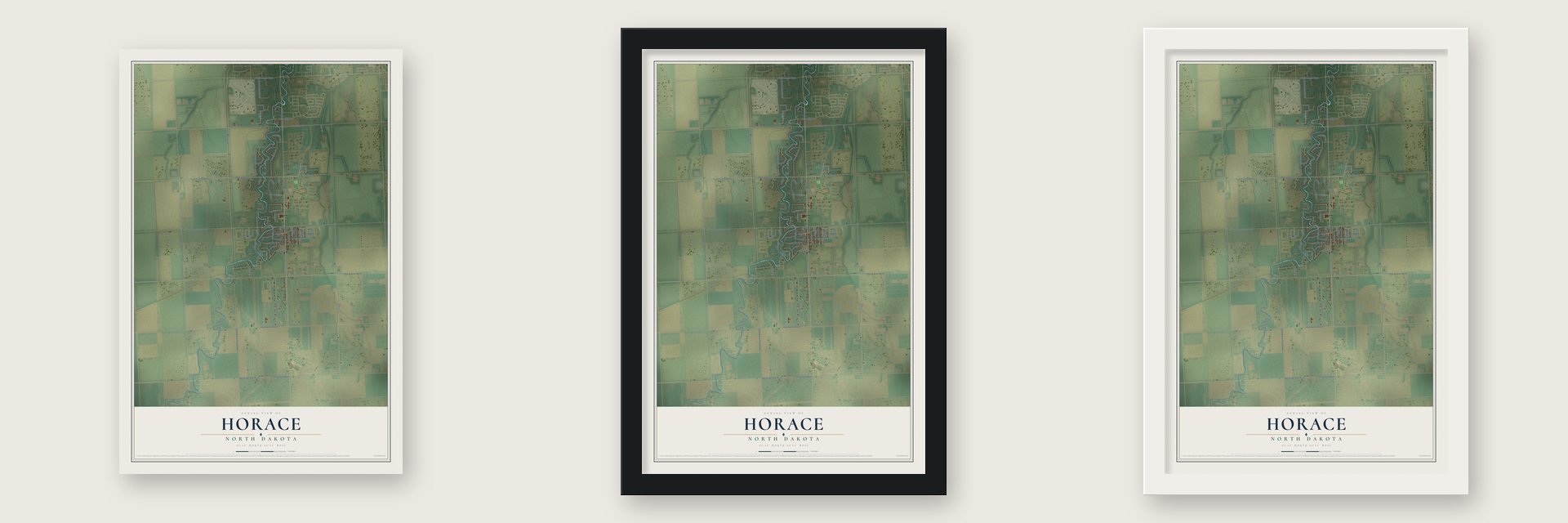 Horace, North Dakota map unframed, in a black wood frame and in a white wood frame