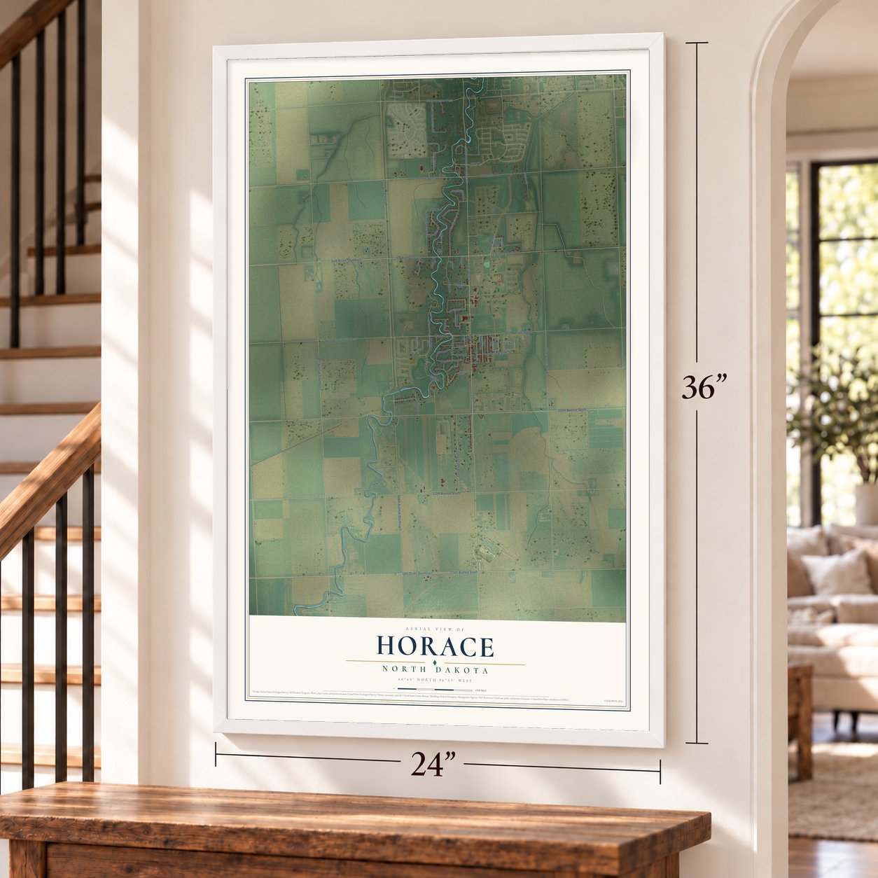Horace, North Dakota map, 24 x 36 inch print in a white frame by a staircase
