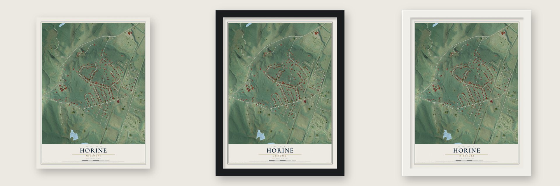 Horine, Missouri map unframed, in a black wood frame and in a white wood frame