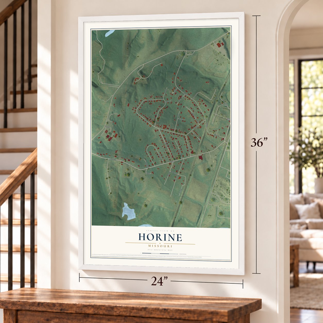 Horine, Missouri map, 24 x 36 inch print in a white frame by a staircase