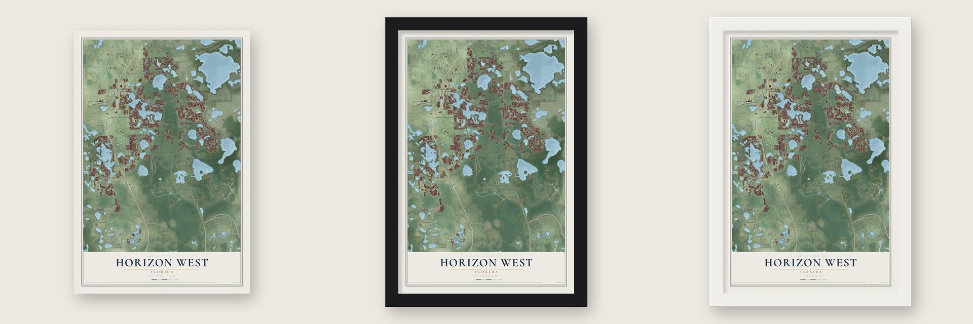 Horizon West, Florida map unframed, in a black wood frame and in a white wood frame