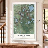 Horizon West, Florida map, 24 x 36 inch print in a white frame by a staircase