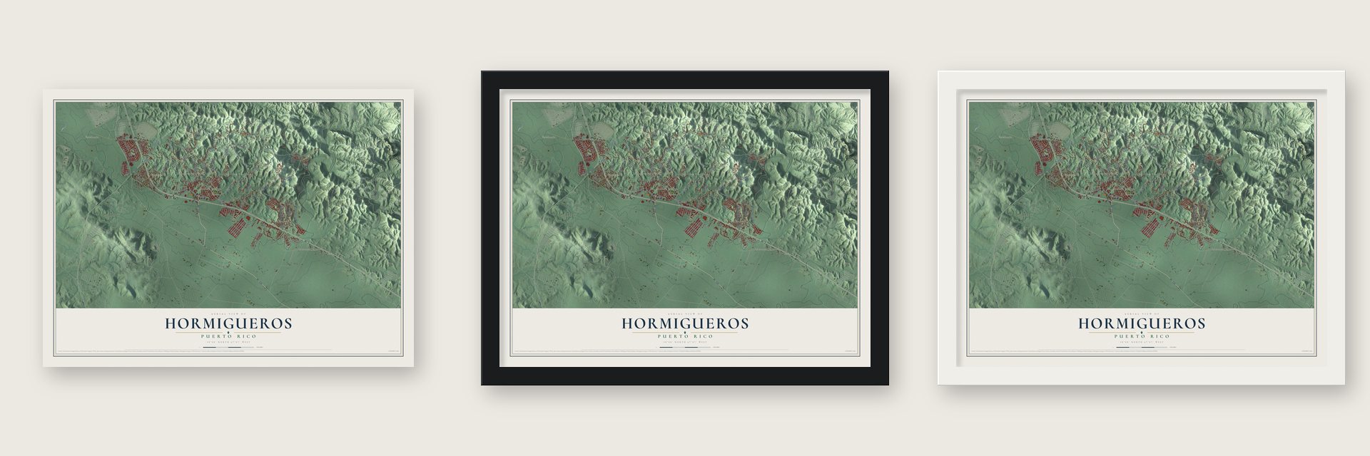 Hormigueros, Puerto Rico map unframed, in a black wood frame and in a white wood frame