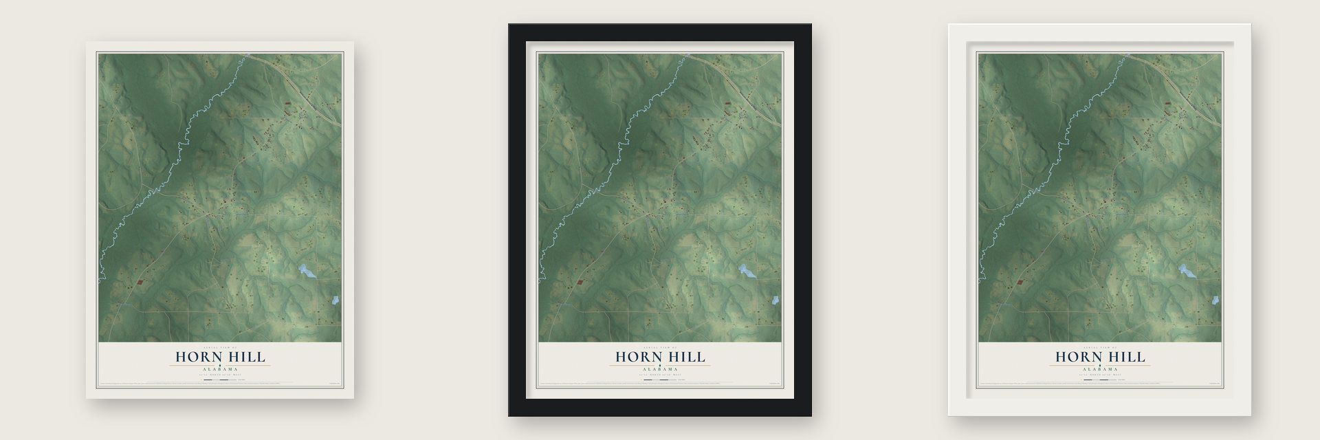 Horn Hill, Alabama map unframed, in a black wood frame and in a white wood frame