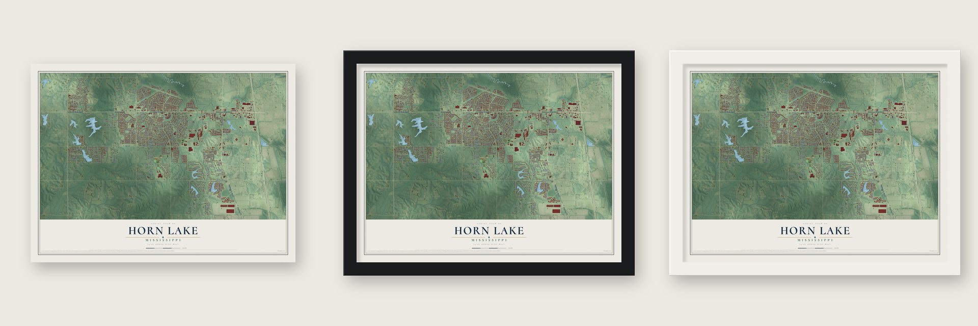Horn Lake, Mississippi map unframed, in a black wood frame and in a white wood frame