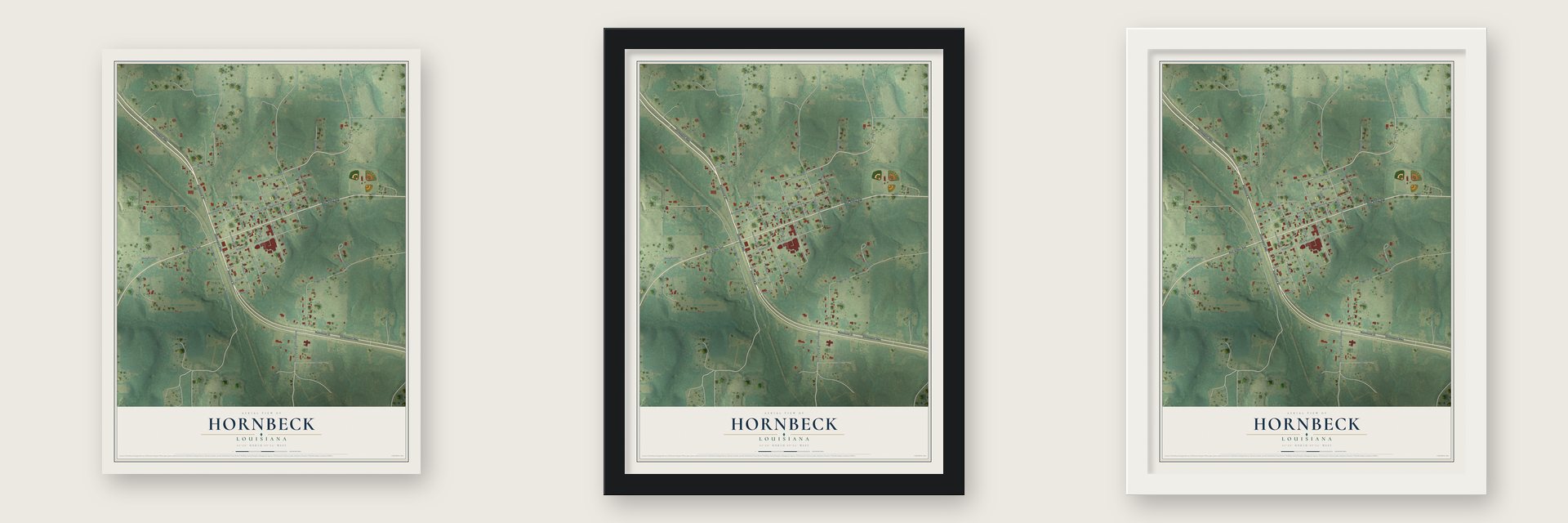 Hornbeck, Louisiana map unframed, in a black wood frame and in a white wood frame