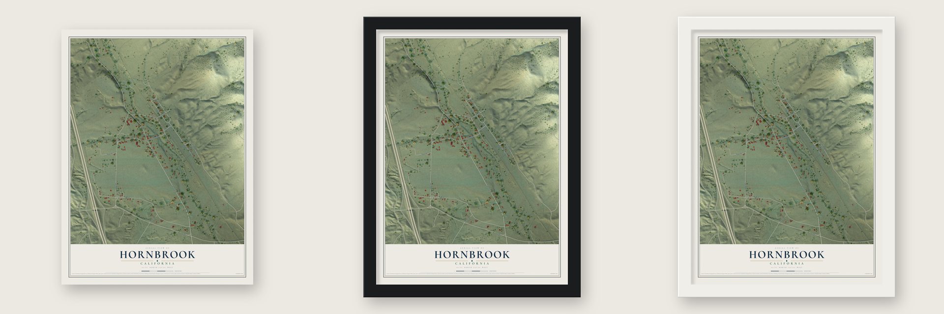 Hornbrook, California map unframed, in a black wood frame and in a white wood frame