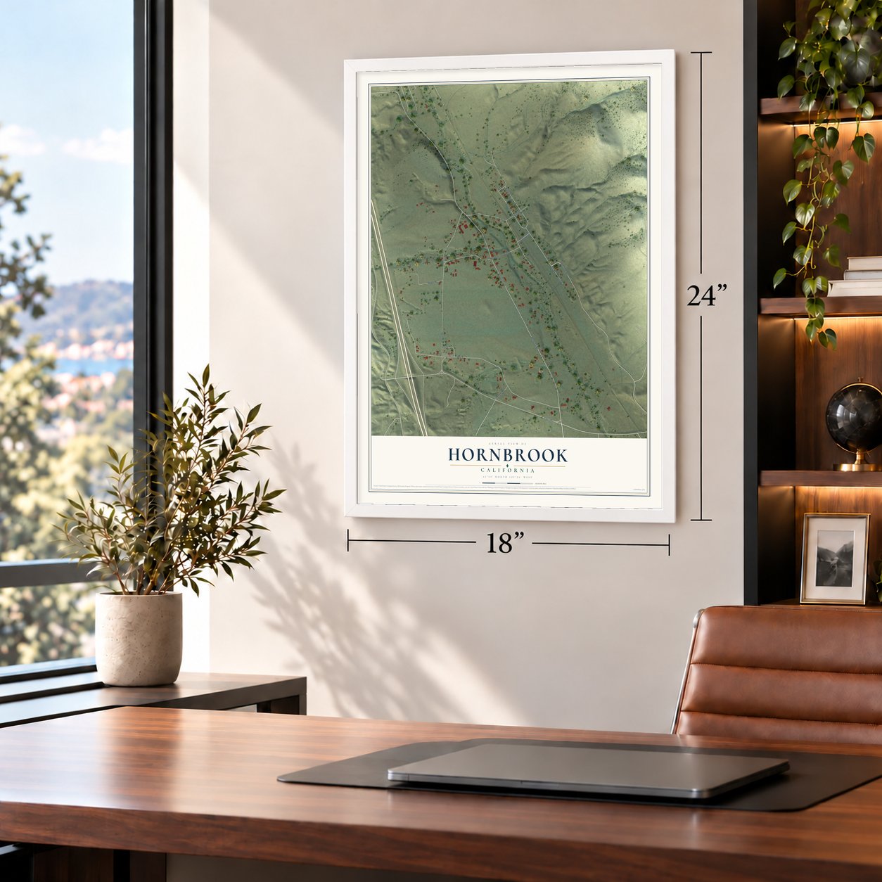 Hornbrook, California map, 18 x 24 inch print in a white frame in a home office