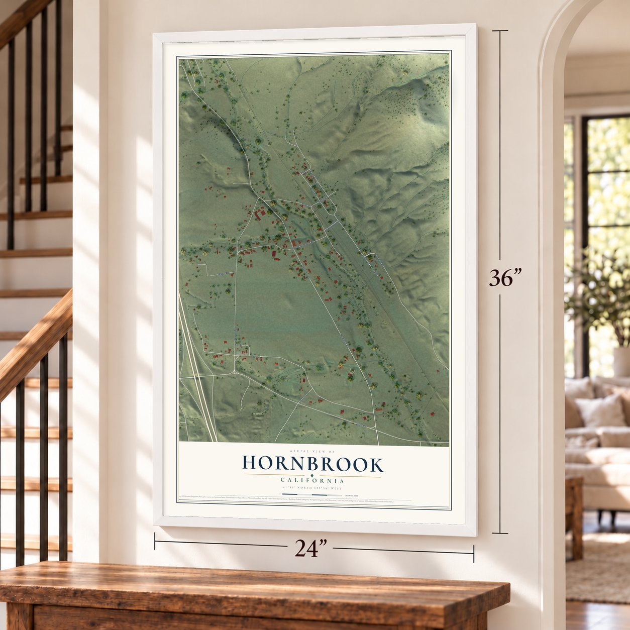 Hornbrook, California map, 24 x 36 inch print in a white frame by a staircase