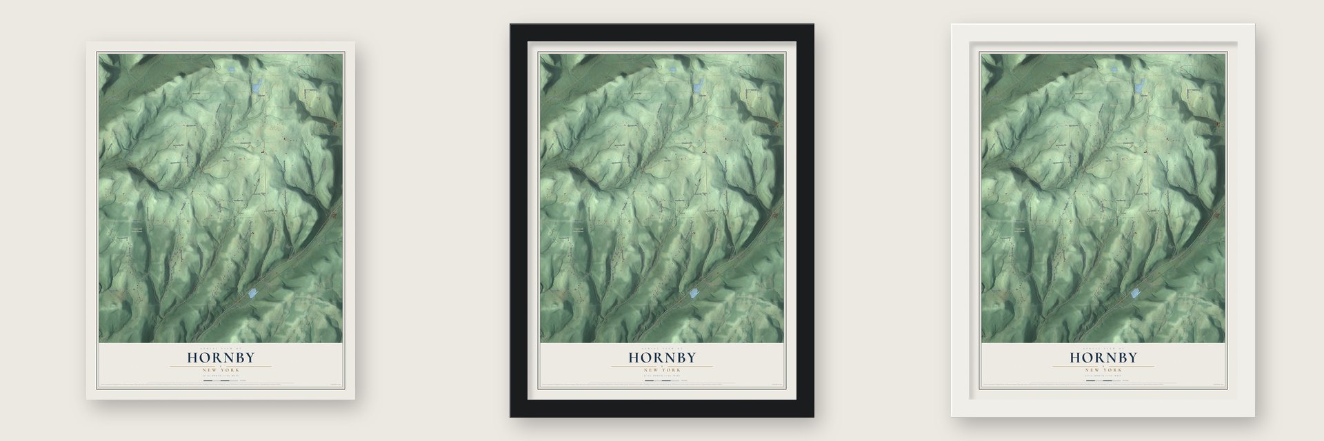 Hornby, New York map unframed, in a black wood frame and in a white wood frame