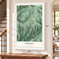 Hornby, New York map, 24 x 36 inch print in a white frame by a staircase