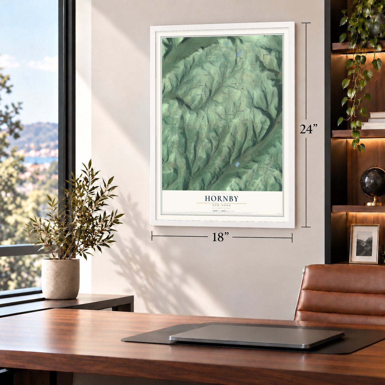 Hornby, New York map, 18 x 24 inch print in a white frame in a home office