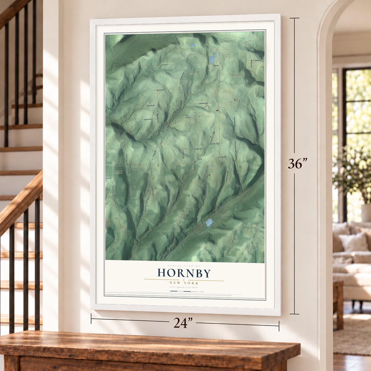 Hornby, New York map, 24 x 36 inch print in a white frame by a staircase