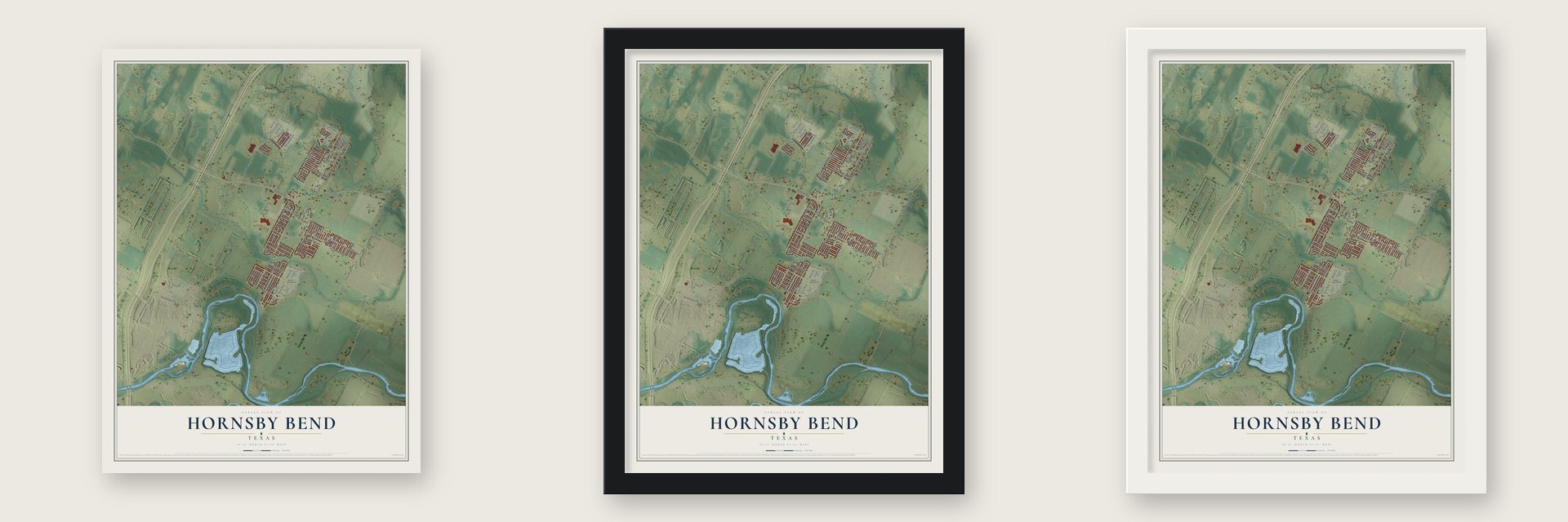 Hornsby Bend, Texas map unframed, in a black wood frame and in a white wood frame