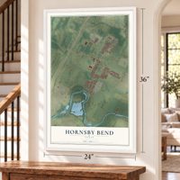Hornsby Bend, Texas map, 24 x 36 inch print in a white frame by a staircase