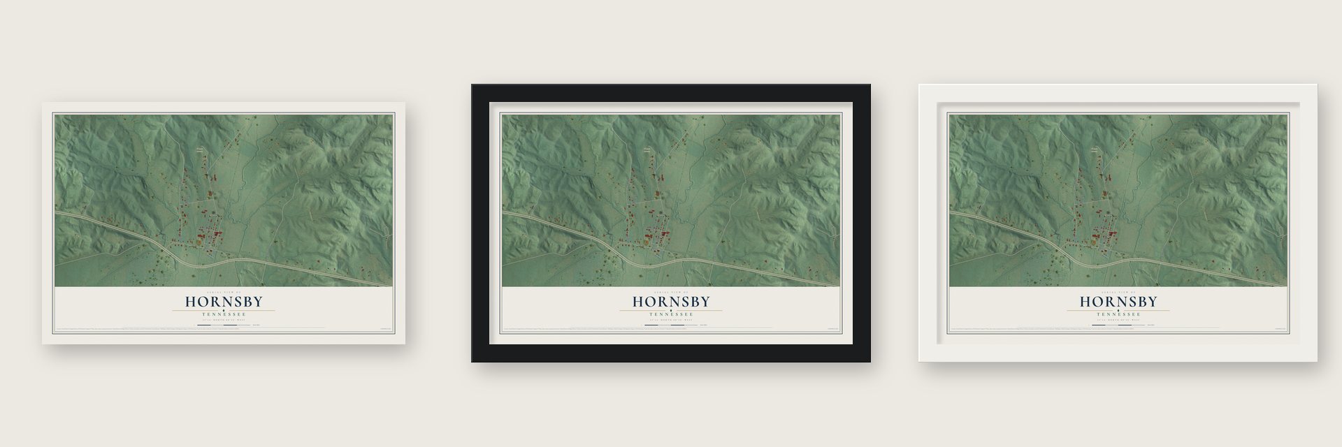 Hornsby, Tennessee map unframed, in a black wood frame and in a white wood frame