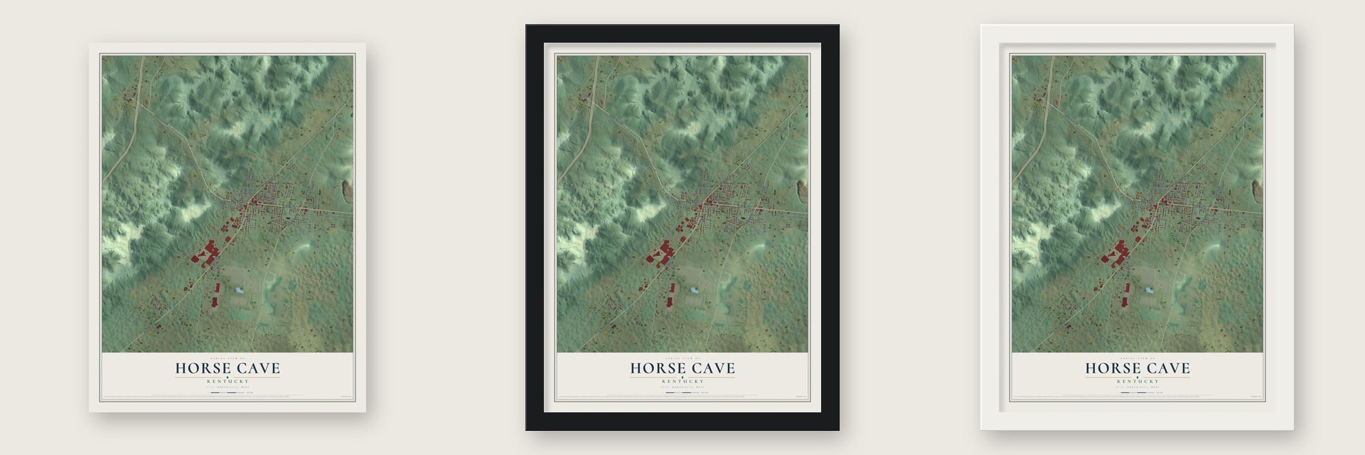 Horse Cave, Kentucky map unframed, in a black wood frame and in a white wood frame