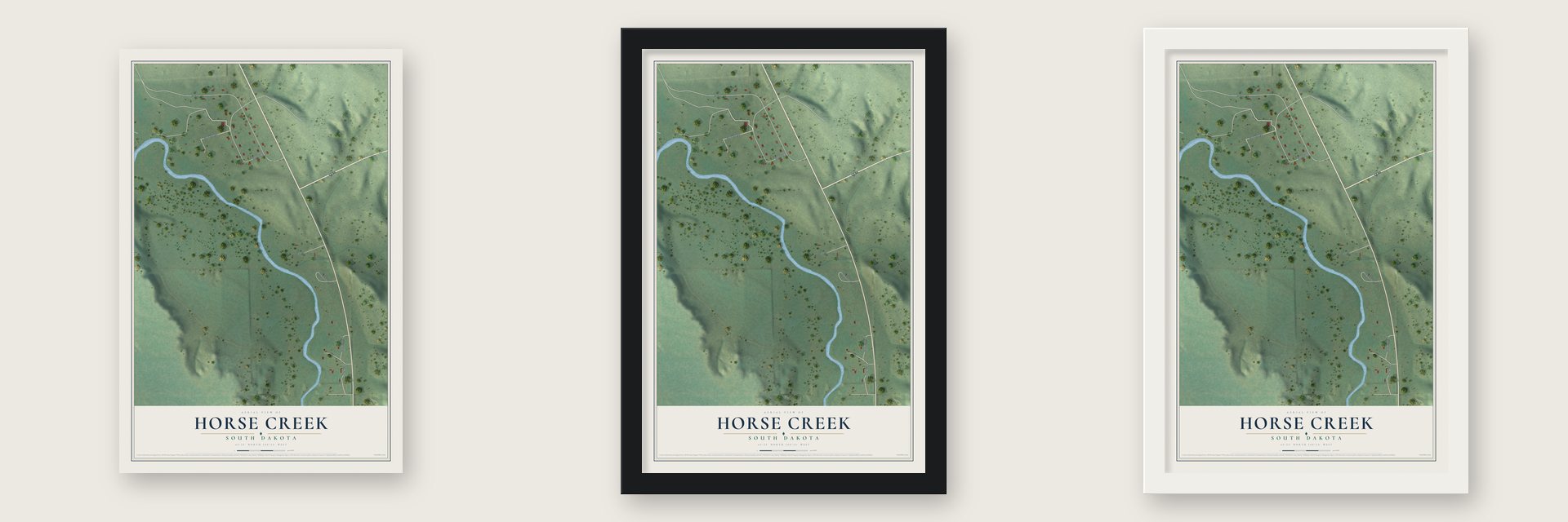 Horse Creek, South Dakota map unframed, in a black wood frame and in a white wood frame
