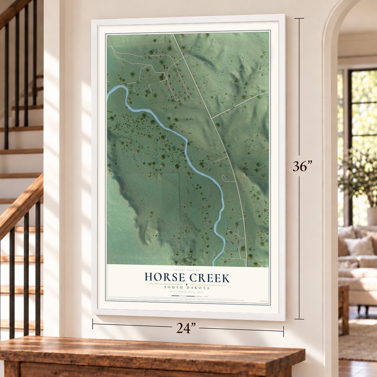 Horse Creek, South Dakota map, 24 x 36 inch print in a white frame by a staircase