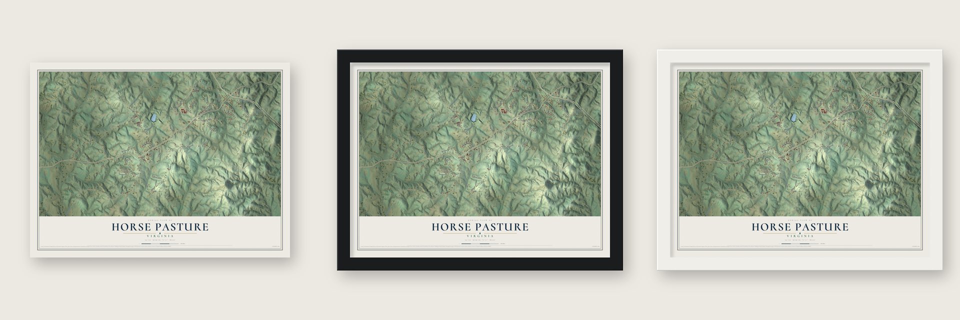 Horse Pasture, Virginia map unframed, in a black wood frame and in a white wood frame