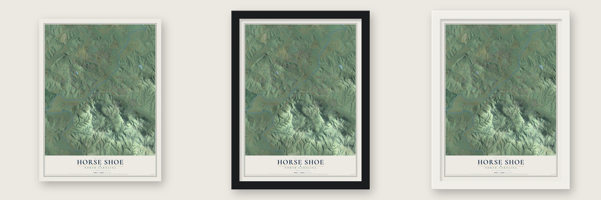 Horse Shoe, North Carolina map unframed, in a black wood frame and in a white wood frame