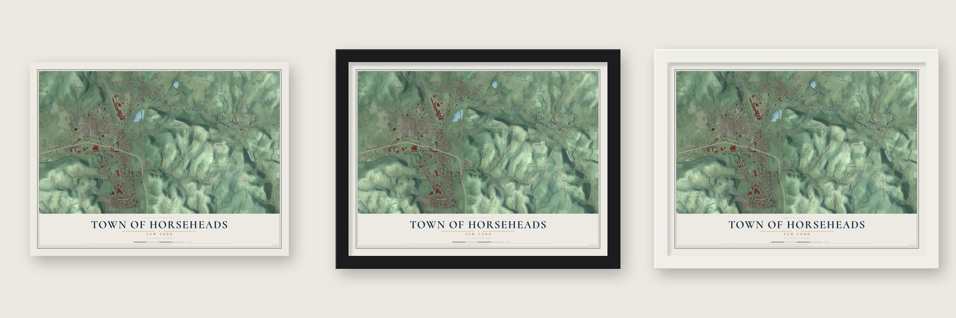Town of Horseheads, New York map unframed, in a black wood frame and in a white wood frame