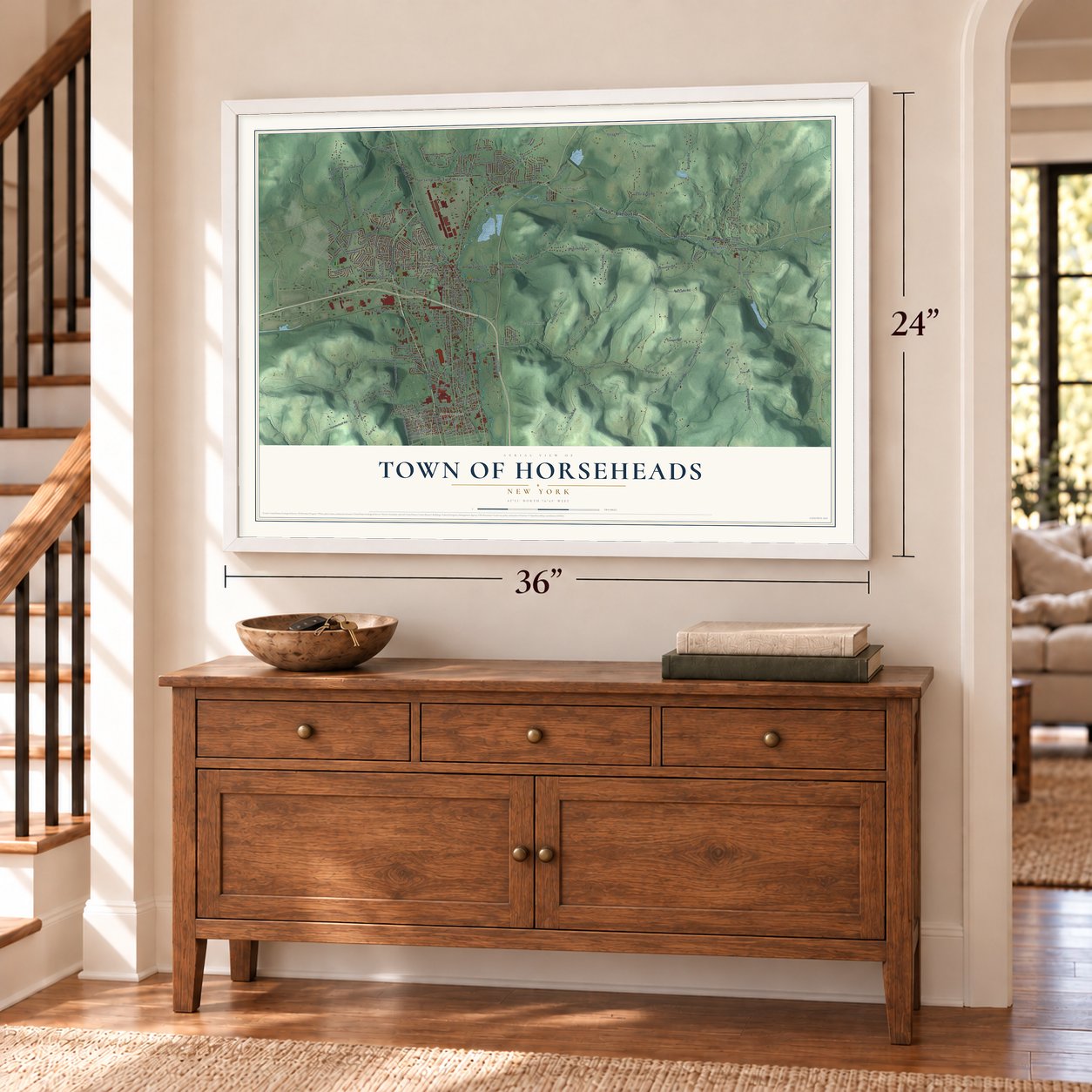 Town of Horseheads, New York map, 24 x 36 inch print in a white frame above a dresser by a staircase