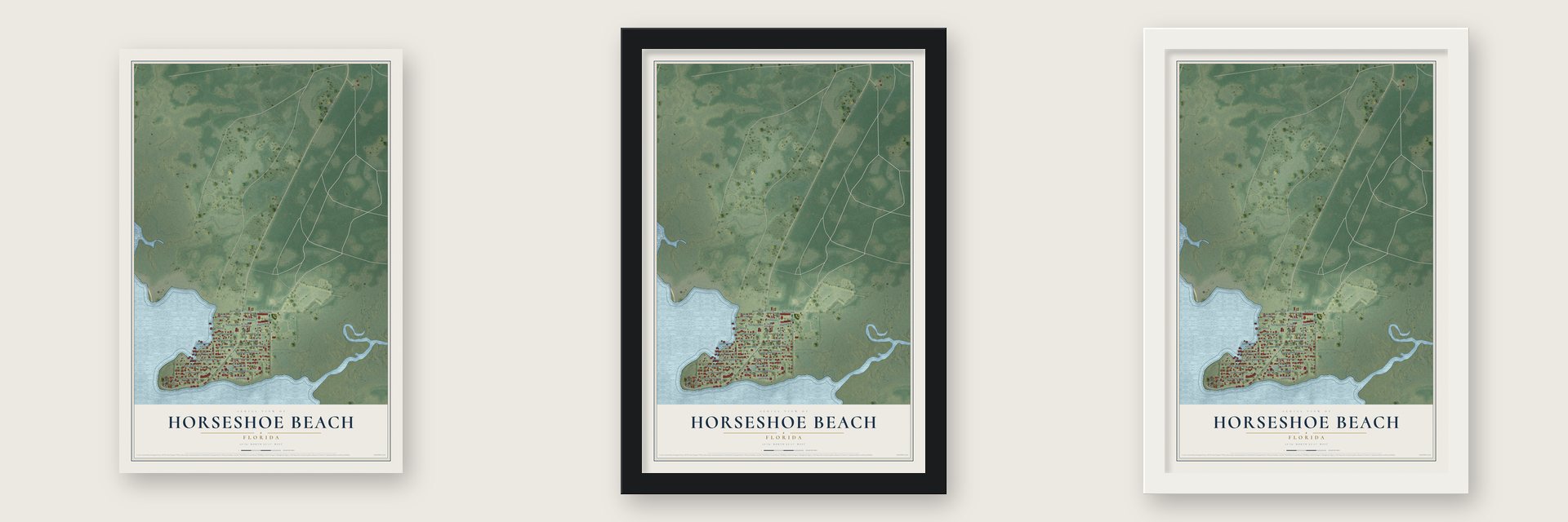 Horseshoe Beach, Florida map unframed, in a black wood frame and in a white wood frame