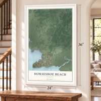 Horseshoe Beach, Florida map, 24 x 36 inch print in a white frame by a staircase