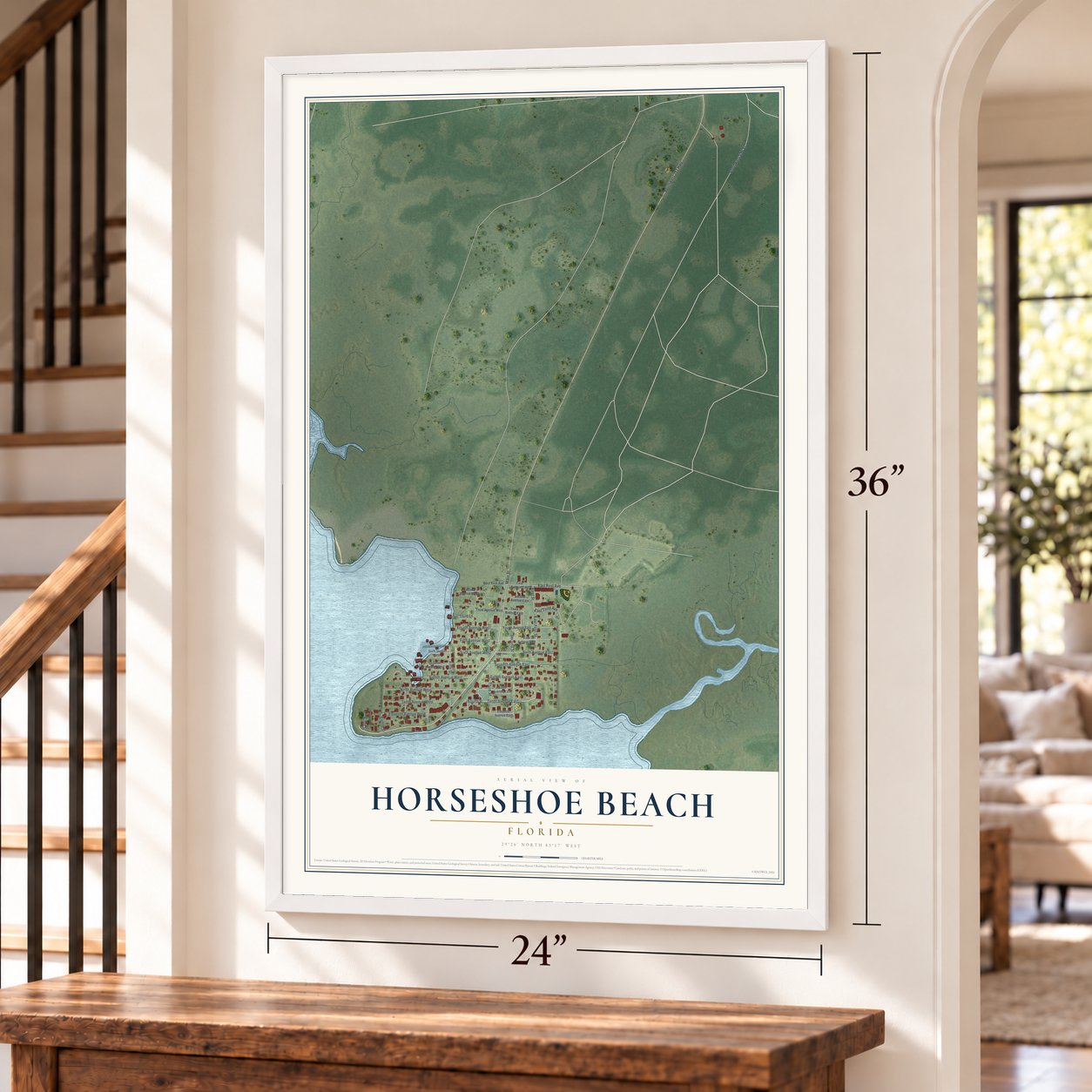 Horseshoe Beach, Florida map, 24 x 36 inch print in a white frame by a staircase