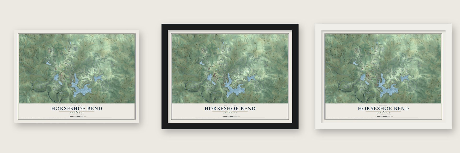 Horseshoe Bend, Arkansas map unframed, in a black wood frame and in a white wood frame