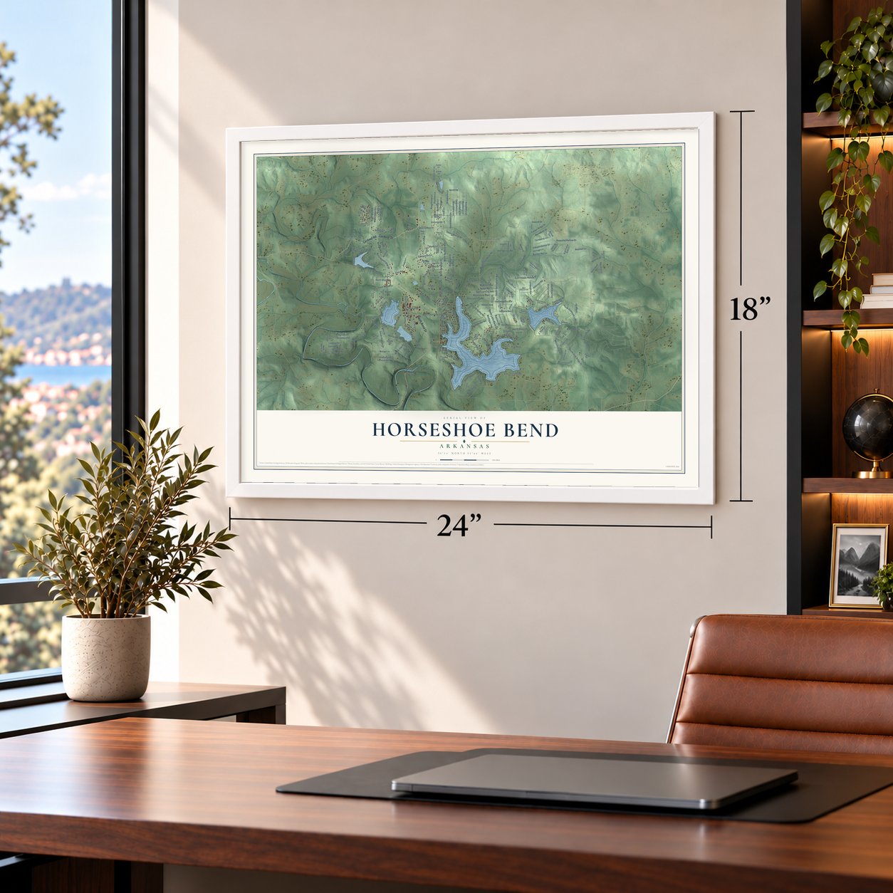 Horseshoe Bend, Arkansas map, 18 x 24 inch print in a white frame in a home office