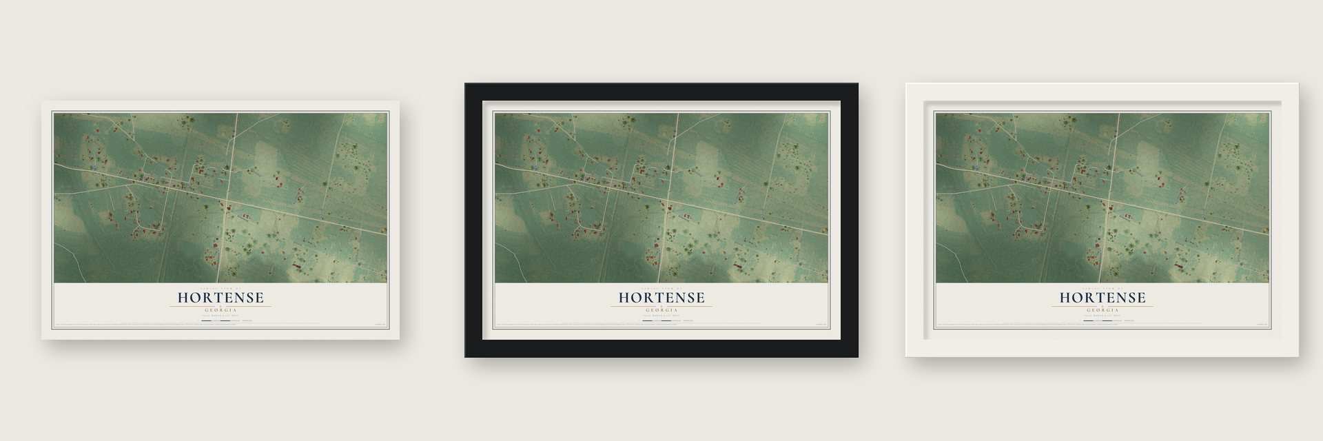 Hortense, Georgia map unframed, in a black wood frame and in a white wood frame