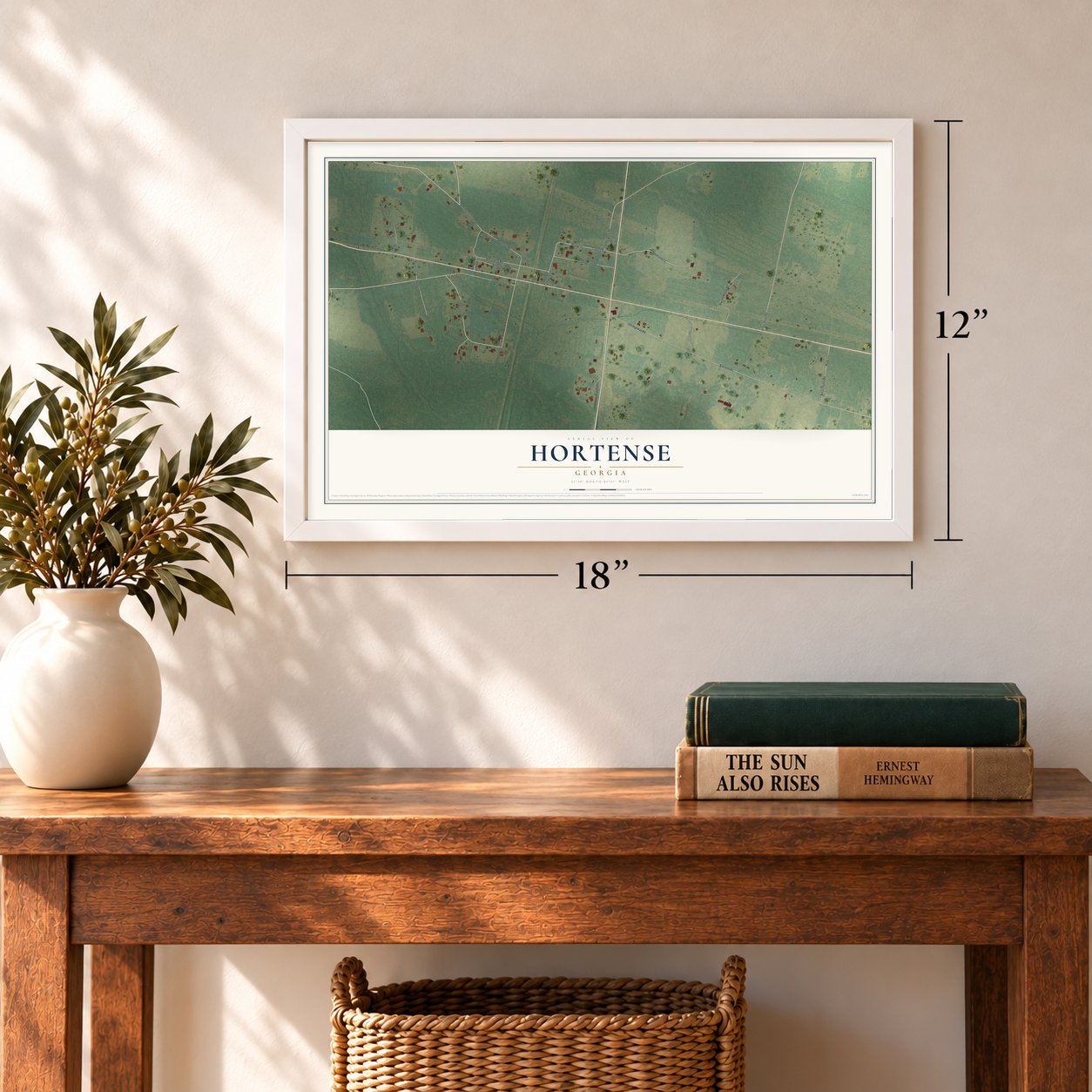 Hortense, Georgia map, 12 x 18 inch print in a white frame in an entryway