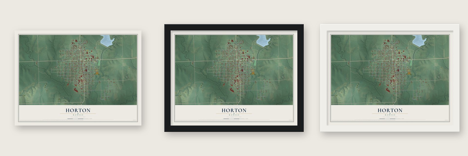 Horton, Kansas map unframed, in a black wood frame and in a white wood frame
